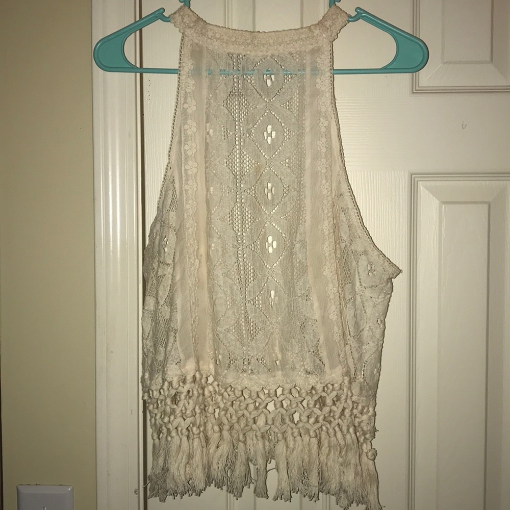 Cream Lace Macrame High Neck Top